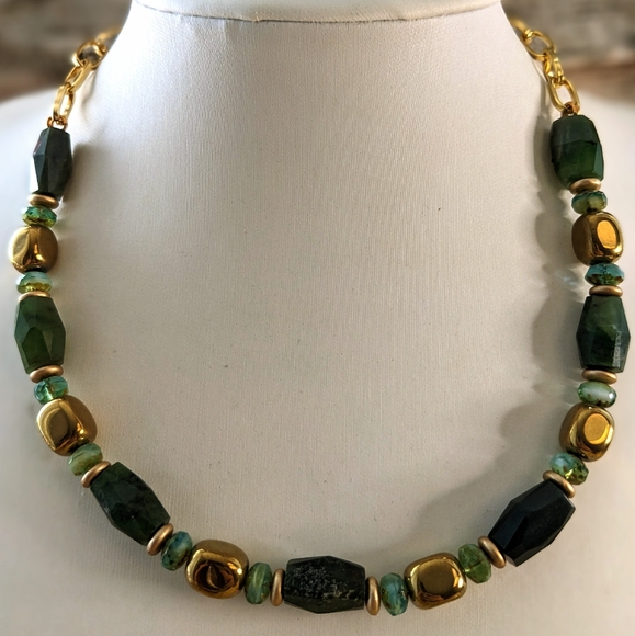 Large Genuine Green Jade Barrel, Picasso Bead, And Gold Nugget Bead Necklace - Picture 2 of 10